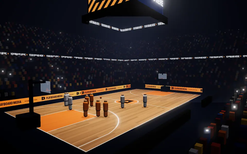 Basketball arena with courtside LED boards, a ribbon display around the bowl and a centre-hung scoreboard