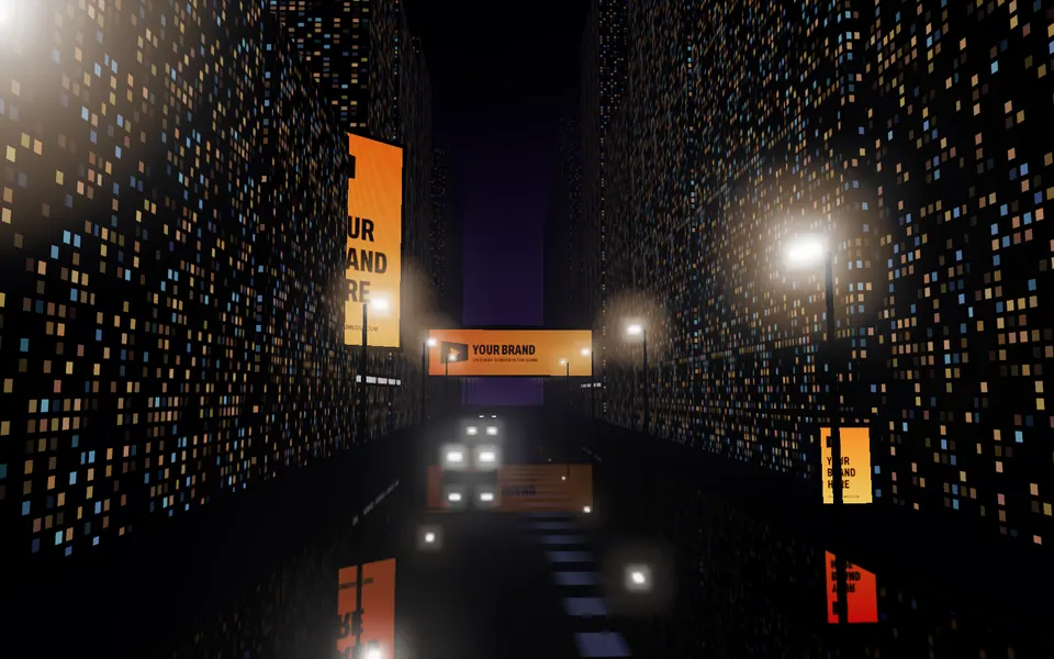 Open-world city street at night with an LED screen on a bridge, a vertical facade screen and a bus shelter poster